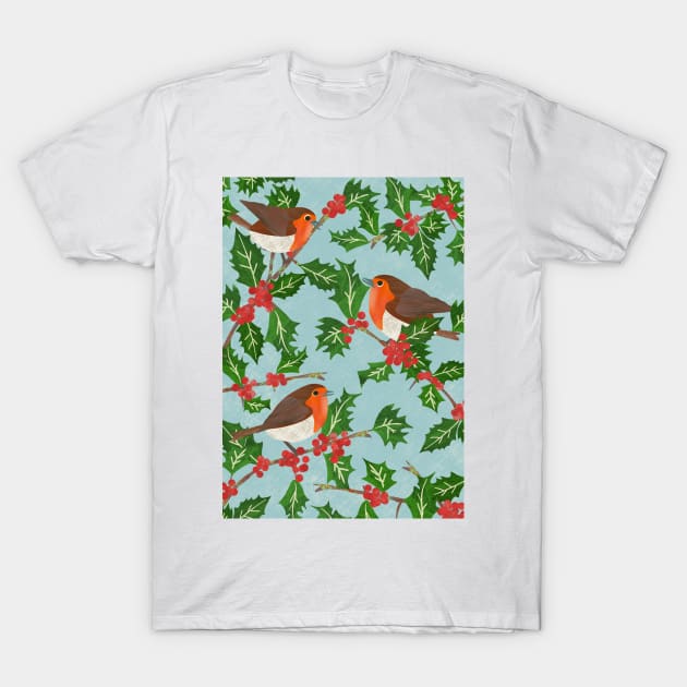 Three little paper cut robins on a holly bush T-Shirt by NattyDesigns